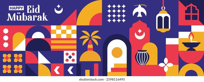  islamic themed eid mubarak geometric pattern, ramadan kareem with vibrant colors, collection of bright colored islamic icons and symbols