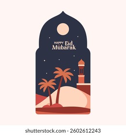 Islamic themed minimalist style windows, desert with coconut, boho Arabic door design for Ramadan and Eid