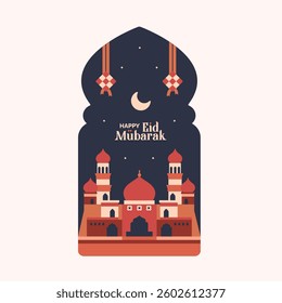 Islamic themed minimalist style windows, minimalist mosque with ketupat, boho Arabic door design for Ramadan and Eid al-Fitr