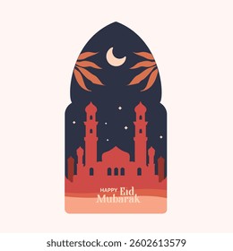 Islamic themed minimalist style windows, minimalist mosque silhouette with starry sky, boho Arabic door design for Ramadan and Eid