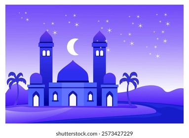 Islamic themed natural scenery background illustration image with mosque object on river bank, under purple night sky and moonlight and stars, suitable for background, wall decoration, Ramadan templat