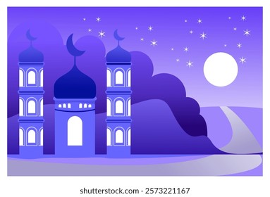 Islamic themed nature scenery background illustration image with mosque object under bright purple night sky and shining stars and moon, suitable for background, wall decoration, Ramadan template.