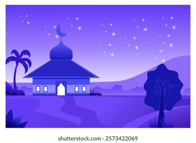 Islamic themed nature scenery background illustration image with mosque object under bright purple night sky and shining stars, suitable for background, wall decoration, Ramadan template.