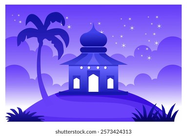 Islamic themed nature scenery background illustration image with mosque object under bright purple night sky and shining stars, suitable for background, wall decoration, Ramadan template.