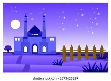 Islamic themed nature scenery background illustration image with mosque object under bright purple night sky with shining stars, suitable for background, wall decoration, Ramadan template.