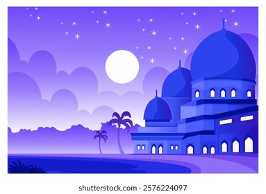 Islamic themed nature scenery background illustration image with mosque object on river bank, under purple night sky and moonlight and stars, suitable for Ramadan background, template.