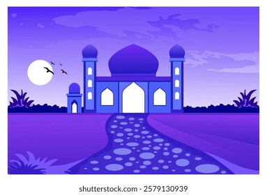 Islamic themed nature scenery background illustration with mosque, road, flying birds, grass and shining moon on a clear night.