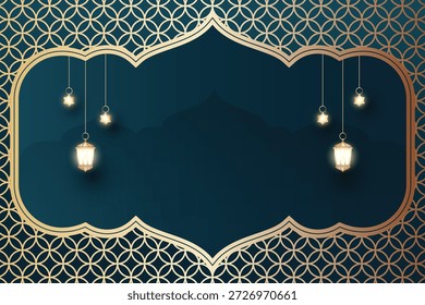Islamic themed poster or background with a mosque silhouette, dark blue color