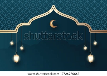 Islamic themed poster or background with a mosque silhouette, dark blue color