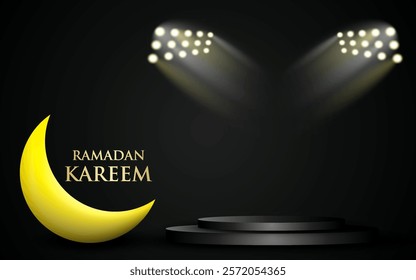 Islamic themed products display background with podium and empty space. studio stage with golden crescent moon. vector design.