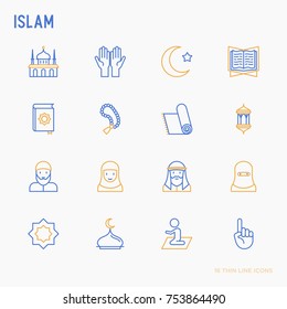 Islamic thin line icons set: mosque, carpet, rosary, prayer, koran, moslem. Modern vector illustration.