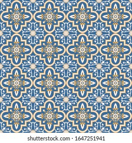 Islamic tile pattern vector seamless with arabesque floral motifs. Italian majolica, portuguese azulejos, mexican talavera and spanish ceramic. Mosaic background for kitchen wall or bathroom floor.