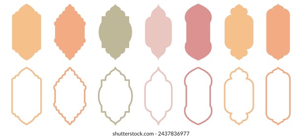 Compilación de formas de ventanas tradicionales islámicas. Conjunto de marcos musulmanes de la mezquita representados en silueta y contorno.