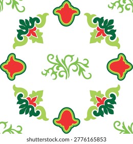 Islamic tulip, floral geometry. Tatar seamless pattern. Culture of the Tatar people, symbols of green and red