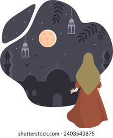 Antecedentes vectoriales islámicos, muchacha musulmana con hijab yendo a una mezquita durante las noches de ramadán
