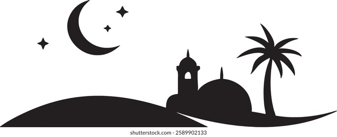 Islamic vector art featuring a mosque, crescent, and palm trees to celebrate Ramadan.