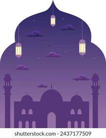 Islamic vector art of a Muslim family, a mosque's grandeur, and a young girl devoutly praying, symbolizing faith and unity.