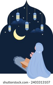 Islamic vector art, muslim making dua, reading Quran and praying in Ramadan