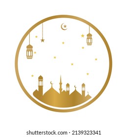 Islamic vector circle frame, lanterns, moon, stars, and mosques in the frame are suitable for decoration for Ramadhan, , Eid Al-Fitr, Eid Al Adha, Muharram, Islamic New Year, Iftar, etc