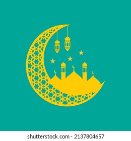 Islamic vector crescent moon, mosque, and yellow lantern suitable for Islamic celebration designs such as Ramadan, Eid al-Fitr and others