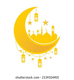 Islamic vector crescent moon, mosque, lantern, star, and golden colored hanging rope suitable for Ramadhan design decoration, Eid Al-Fitr, Eid Al Adha, Muharram, Islamic New Year, Iftar, etc