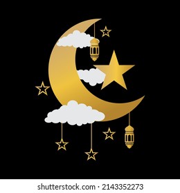 islamic vector. crescent moon, stars, lanterns, clouds. crescent moon islamic ornament. suitable for the design of Eid, Ramadan, Eid Mubarak. Islamic backgrounds. golden islamic ornament