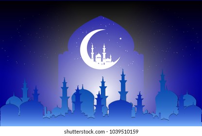 Islamic vector design background with mosque on crescent moon