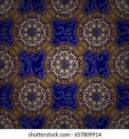 Islamic vector design. Blue and golden textile print. Floral tiles. Seamless pattern oriental ornament.
