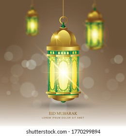 Islamic vector design of Eid Mubarak, greeting card template with traditional shining lanterns and bokeh background