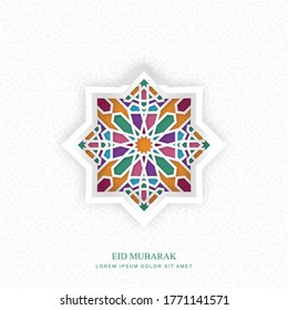 Islamic vector design of Eid Mubarak, greeting card template with ornament pattern background