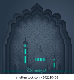 Islamic vector design Eid Mubarak greeting card template with arabic pattern and Mosque. Translation of text : Eid Mubarak - Blessed festival.