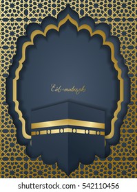 Islamic vector design Eid Mubarak greeting card template with arabic pattern and Kaaba. Translation of text : Eid Mubarak - Blessed festival.