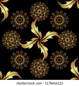 Islamic vector design. Floral tiles. Black and golden textile print. Seamless pattern oriental ornament.