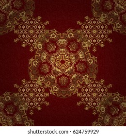 Islamic vector design. Floral tiles. Seamless pattern oriental ornament. Red and golden textile print.