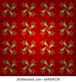 Islamic vector design. Floral tiles. Seamless pattern oriental ornament. Red and golden textile print.