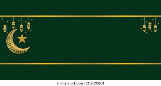 Islamic vector design with a green background with mosque decorations, lanterns, crescent moon and star ornaments. Suitable for Ramadan, Eid Al-Fitr, Eid Adha, Eid Mubarak and Islamic Day celebrations