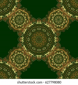Islamic vector design. Green and golden textile print. Floral tiles. Seamless pattern oriental ornament.