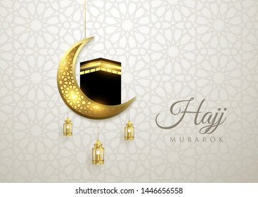 Islamic vector design Hajj greeting card template with moon and kaaba