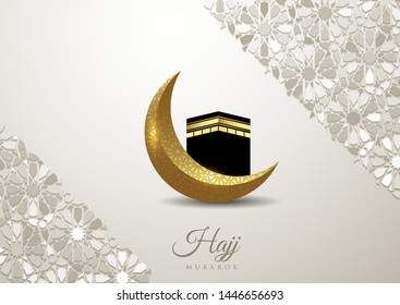 Islamic vector design Hajj greeting card template with moon and kaaba