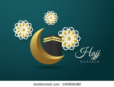 Islamic vector design Hajj greeting card template with lantern green backgrond