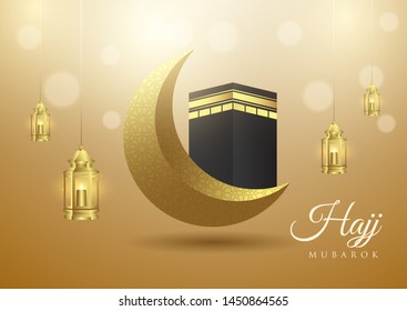 Islamic vector design Hajj greeting card template with lantern gold background