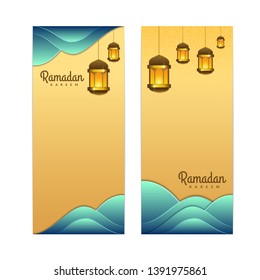 Islamic vector design Ramadan Kareem and Eid Mubarak greeting template  vertical banner background - Vector