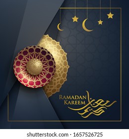 Islamic vector design Ramadan Kareem greeting card template with arabic calligraphy and geometric pattern - Translation of text : May Generosity Bless you during the holy month