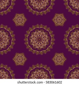 Islamic vector design. Seamless pattern oriental ornament. Purple and golden textile print. Floral tiles.