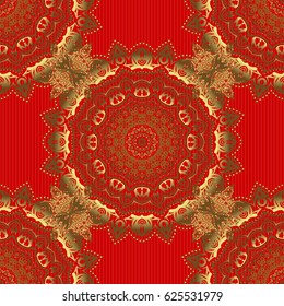 Islamic vector design. Seamless pattern oriental ornament. Red and golden textile print. Floral tiles.