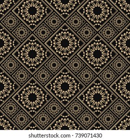 Islamic vector design. Seamless pattern oriental ornament. Black and golden textile print. Floral tiles.