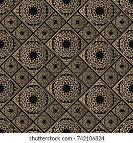 Islamic vector design. Seamless pattern oriental ornament. Black and golden textile print. Floral tiles.
