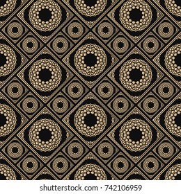 Islamic vector design. Seamless pattern oriental ornament. Black and golden textile print. Floral tiles.