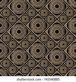 Islamic vector design. Seamless pattern oriental ornament. Black and golden textile print. Floral tiles.