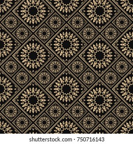 Islamic vector design. Seamless pattern oriental ornament. Black and golden textile print. Floral tiles.